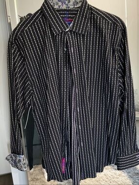 Robert Graham Black Button-Down Shirt with White Pinstripes